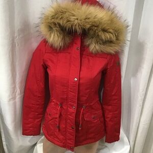 Only Red Women's Puffer Jacket with Fur Trim